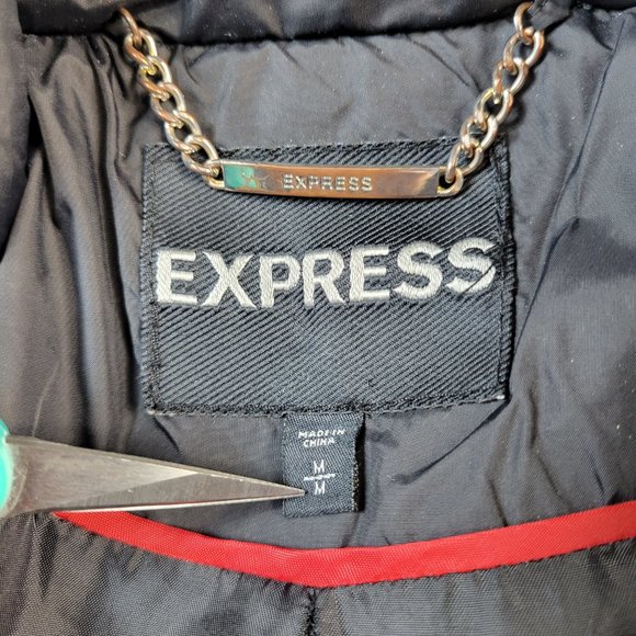 Express Coat Women's Size Medium Black Faux Fur Hood Down Filled Quilted - Picture 8 of 10